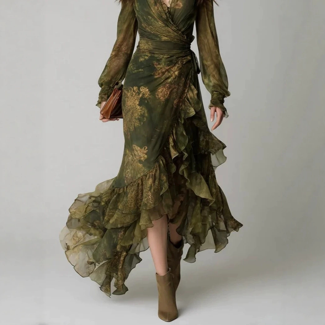 Vintage Dark Green Tie-Dye Print V-Neck Wrap Long Sleeve Ruffle Asymmetric Maxi Dress