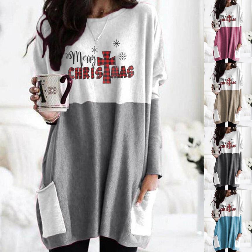 Women's Long Sleeve Color Block Pocket Loose Crewneck T-Shirt