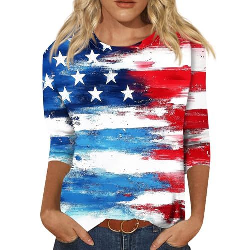 Summer American Flag Print Crewneck Short Sleeve Top