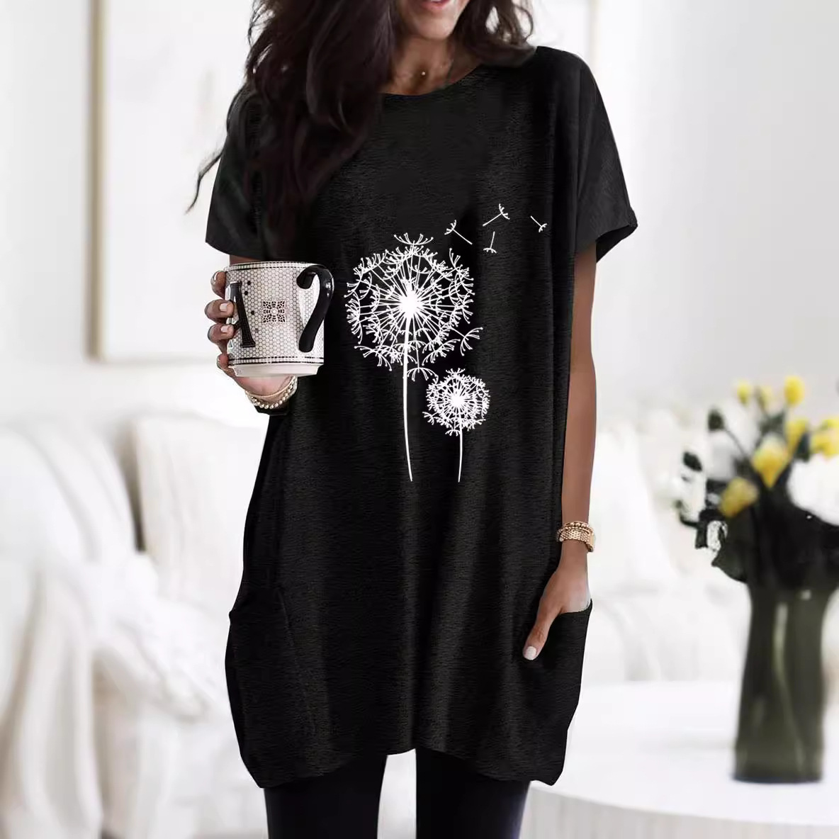 Side Pocket Dandelion Print Short Sleeve Loose Long T-Shirt