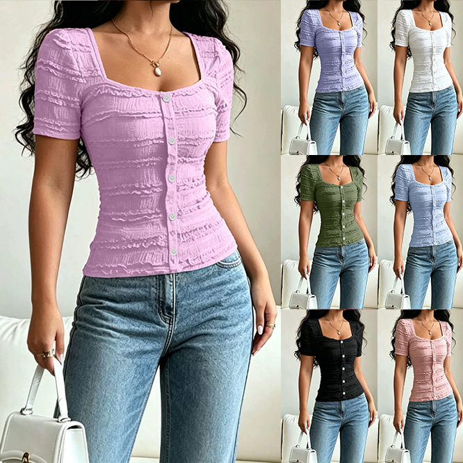 Women's Casual Solid Color Button Square Neck Short Sleeve T-Shirt
