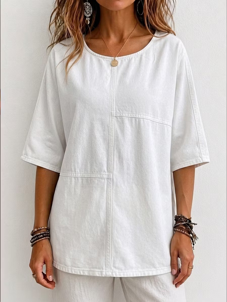 Women's Mid-Sleeve Patchwork Denim Top Casual T-Shirt