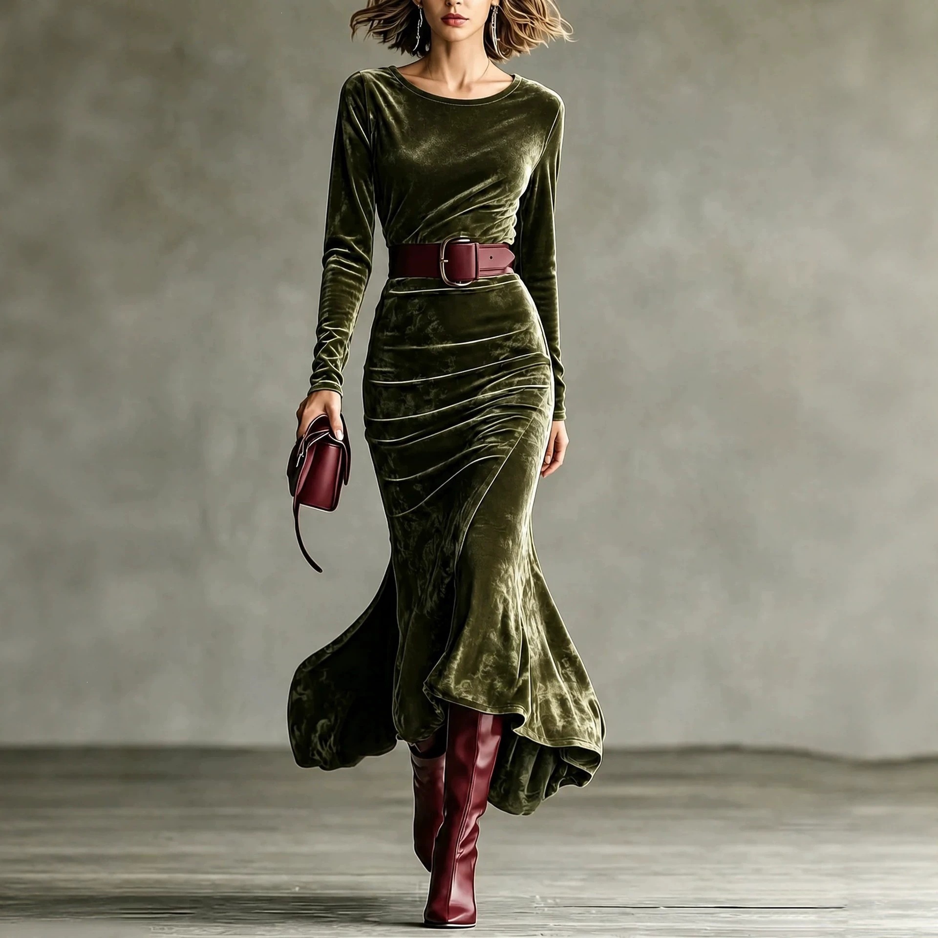 Elegant Solid Velvet Long-Sleeve Round-Neck Mermaid Dress