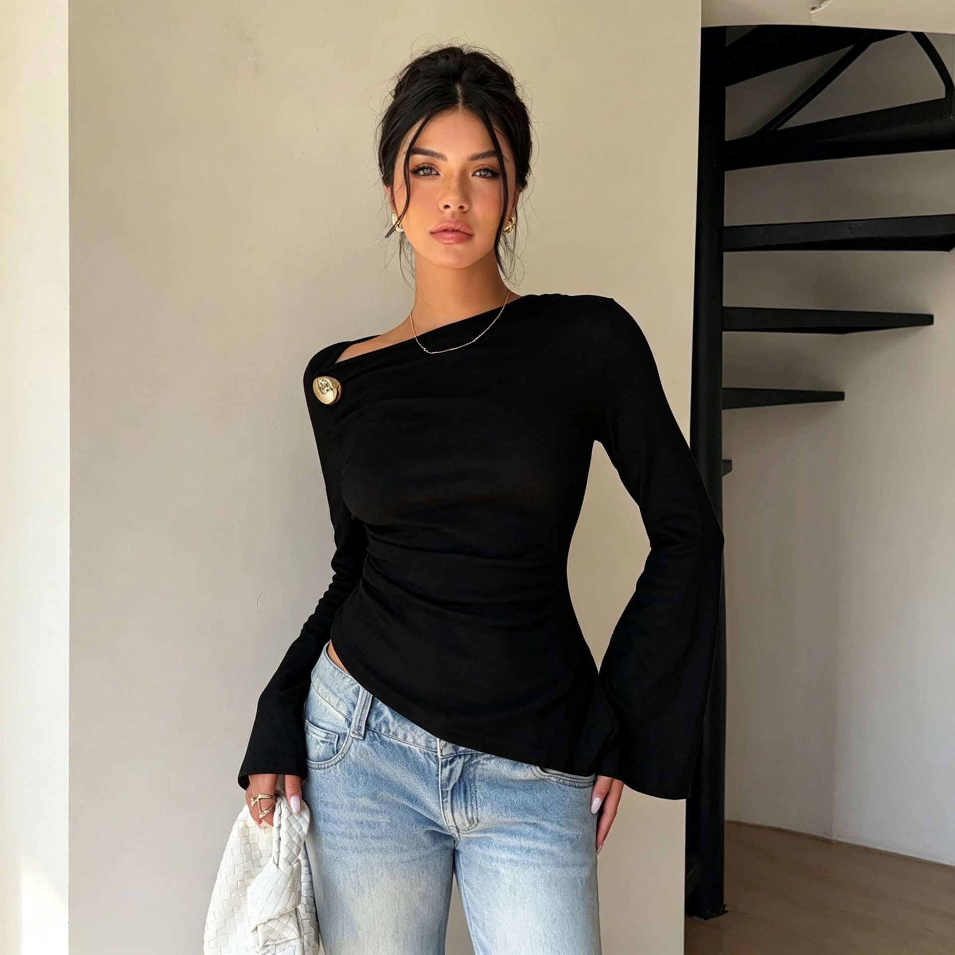 Asymmetric One-Shoulder Flared-Sleeve Waist-Cinching Top with Metal Buttons