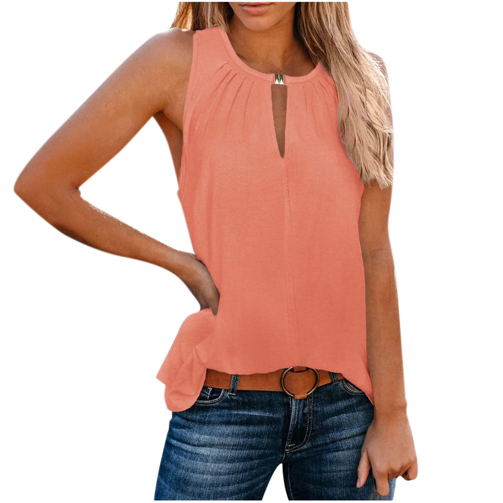 Women's V-Neck Solid Color Tank Top with Buckle Detail
