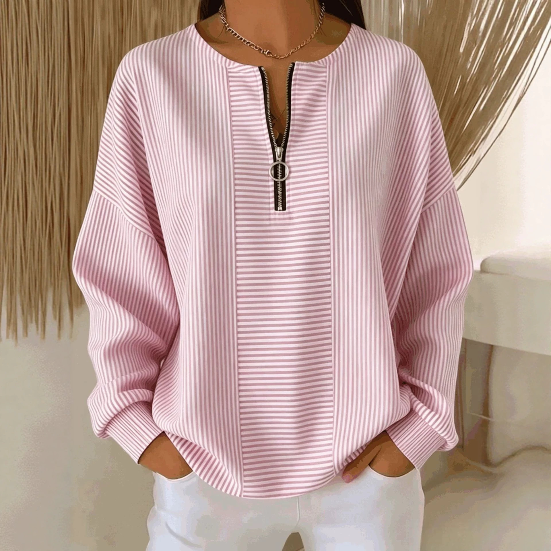 Striped Zip-Up Long-Sleeve Loose Drop-Shoulder Crewneck T-Shirt for Women