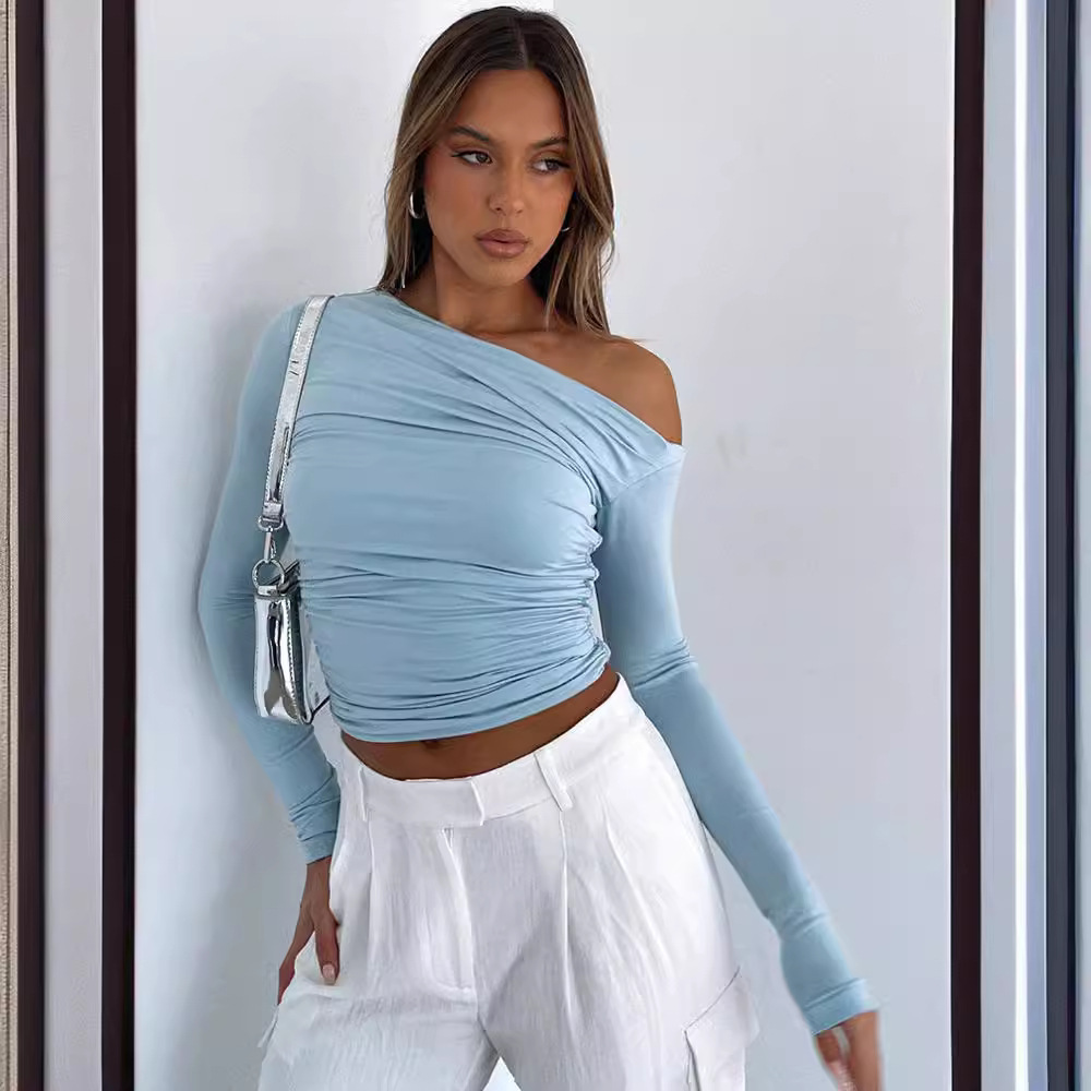 Women's One-Shoulder Long-Sleeve Ruched Crop Top