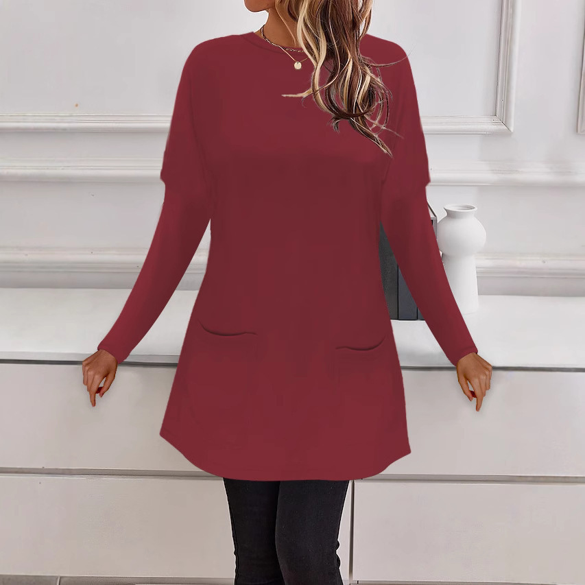 Women's Crewneck Long Sleeve Pocket Loose Casual Top T-Shirt