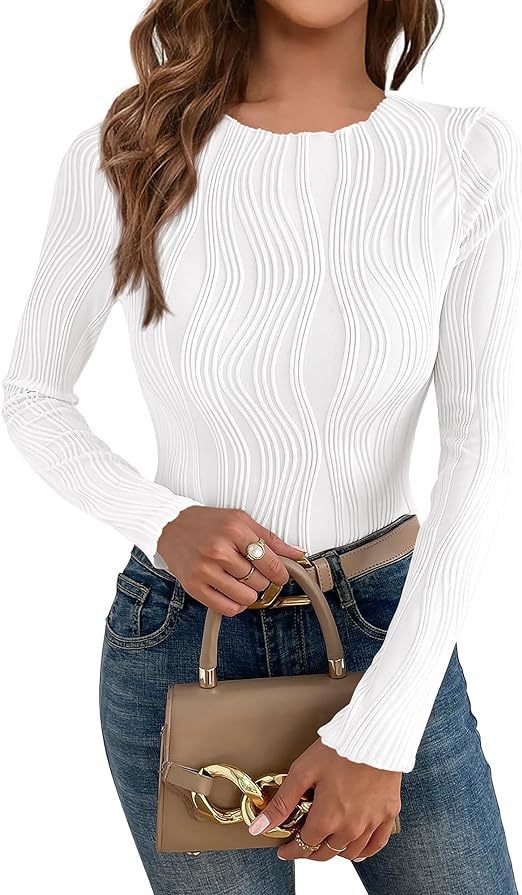 Women's Textured Crewneck Long Sleeve Slim Fit T-Shirt