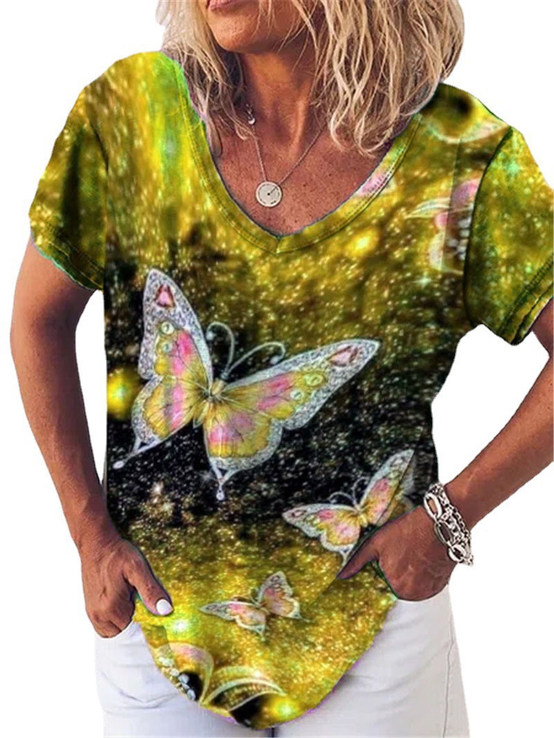 Women's V-Neck Butterfly Print Short Sleeve T-Shirt