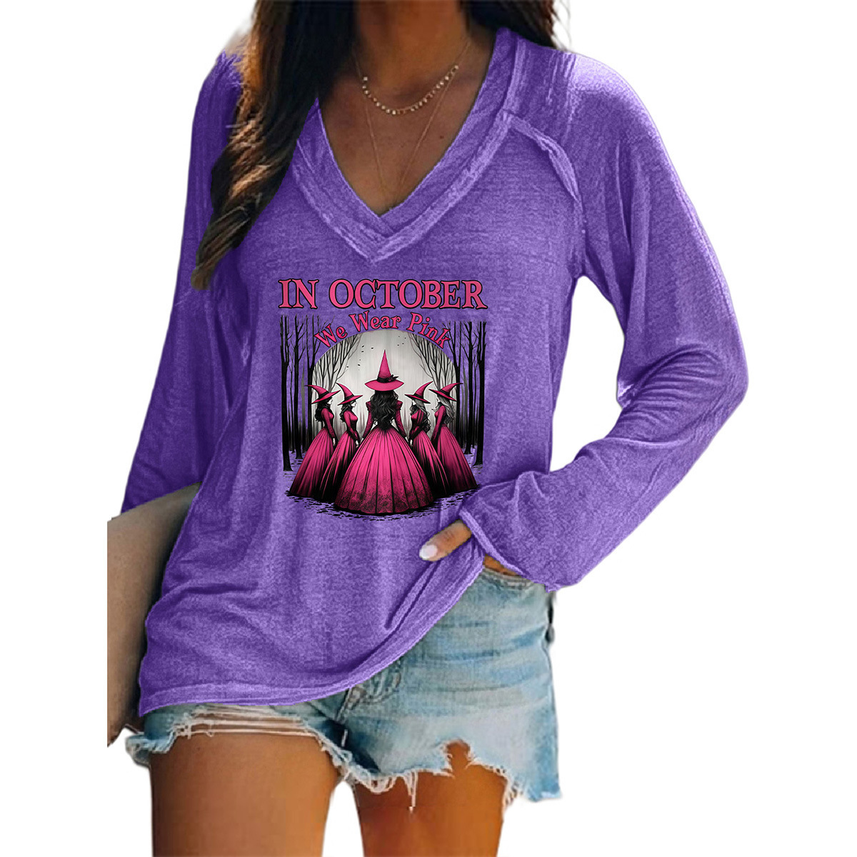 Women's Halloween Witch Hat Print V-Neck Long Sleeve T-Shirt