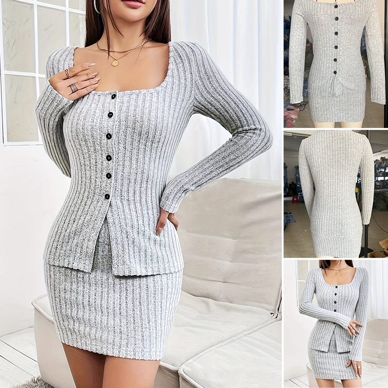 Women's Solid Color Long Sleeve Top and Skirt Set