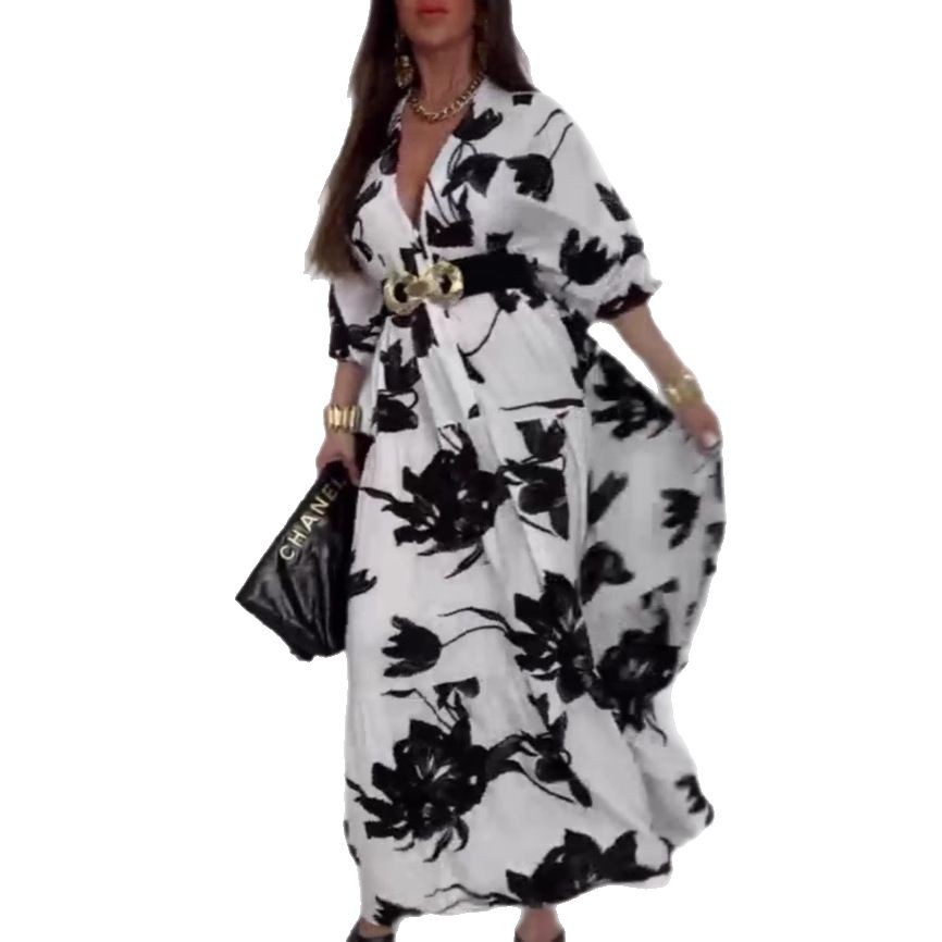 Floral Print Half-Open Neck 3/4 Sleeve Casual Midi Dress