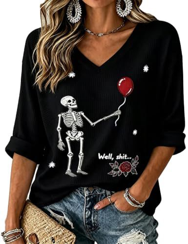 Skull Floral Balloon Print V-Neck Mid-Sleeve T-Shirt
