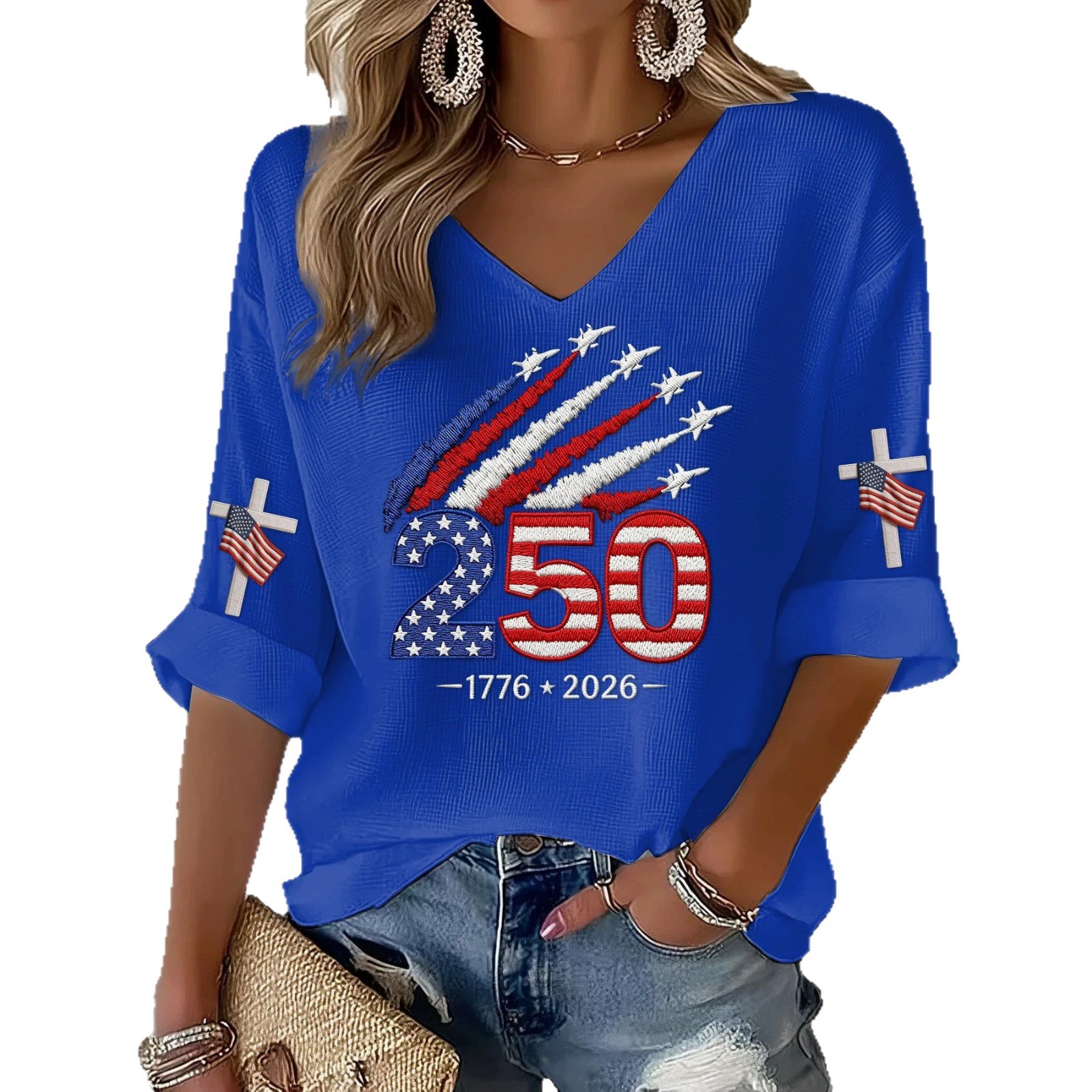 USA 250th Anniversary Print V-Neck Half-Sleeve Women's Top