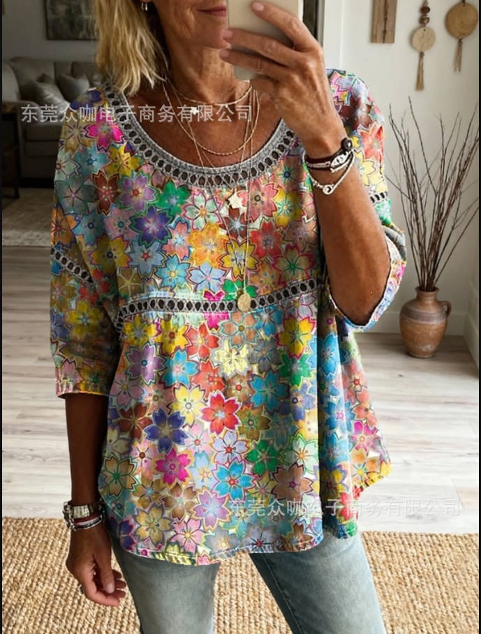 3D Floral Print Crewneck Half-Sleeve Ruched Top
