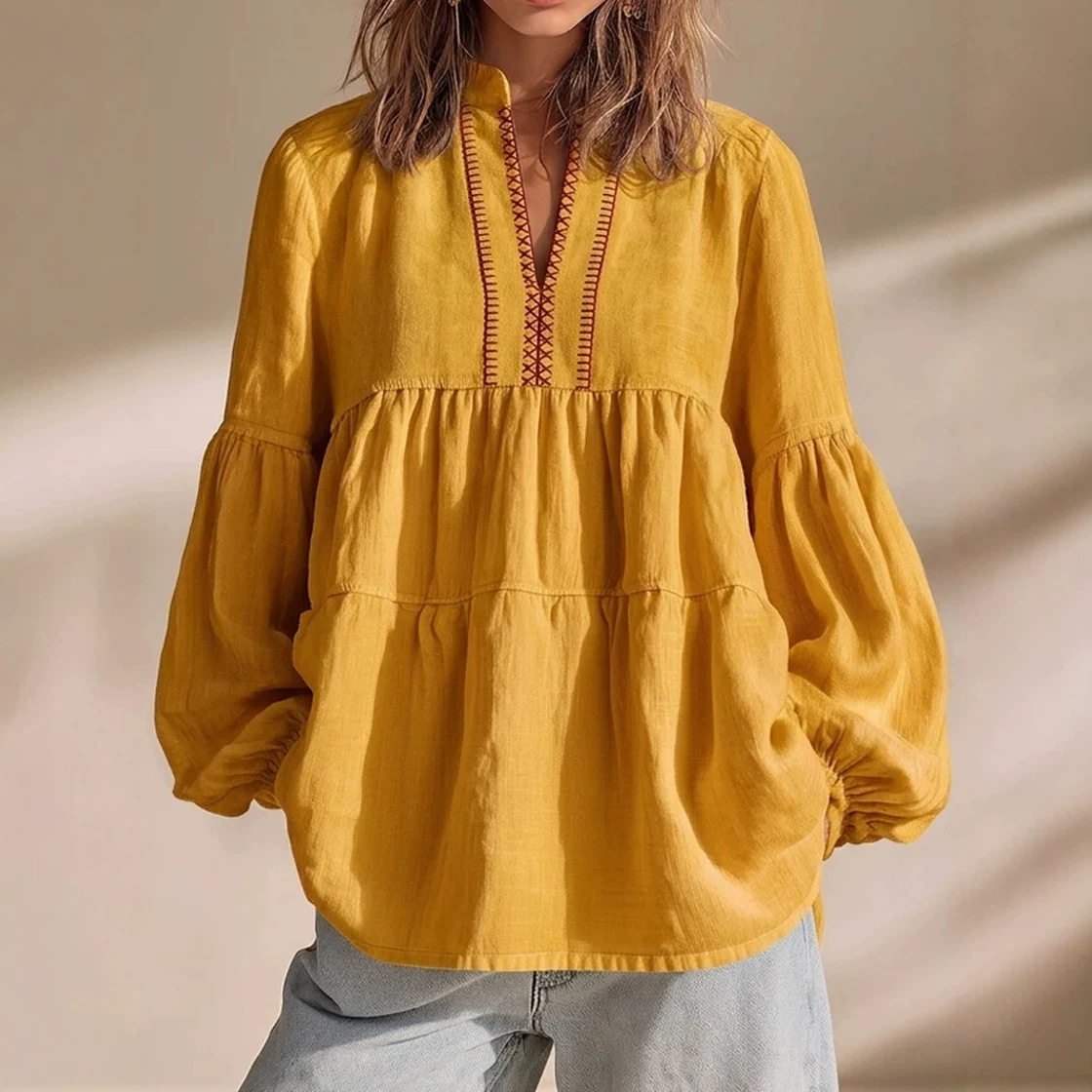 Boho Floral Print Stand Collar Pleated Loose Long Sleeve Top