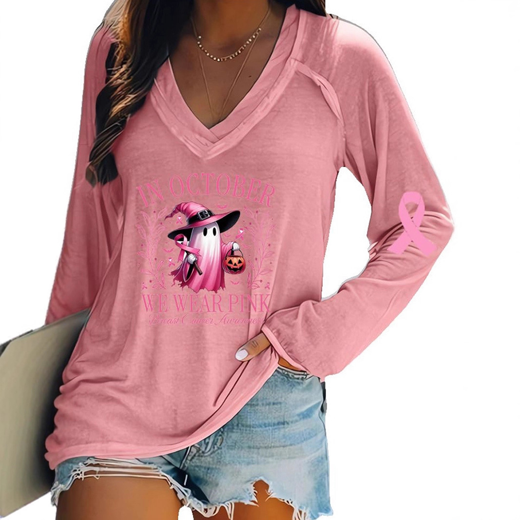 Women's V-Neck Long-Sleeve Halloween Pumpkin Ghost Ribbon Print T-Shirt