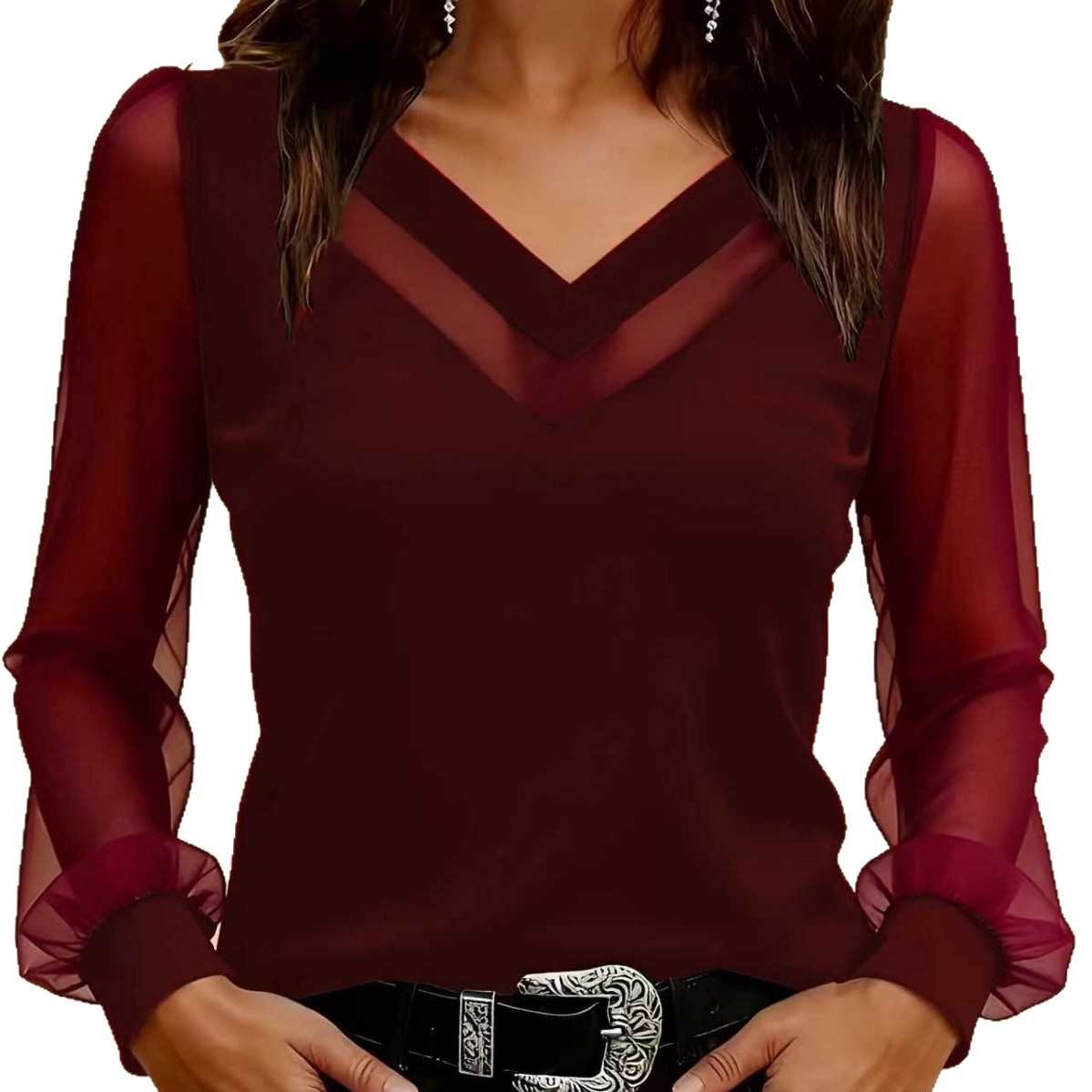 Women's Solid Mesh Lantern Sleeve Slim Fit T-Shirt