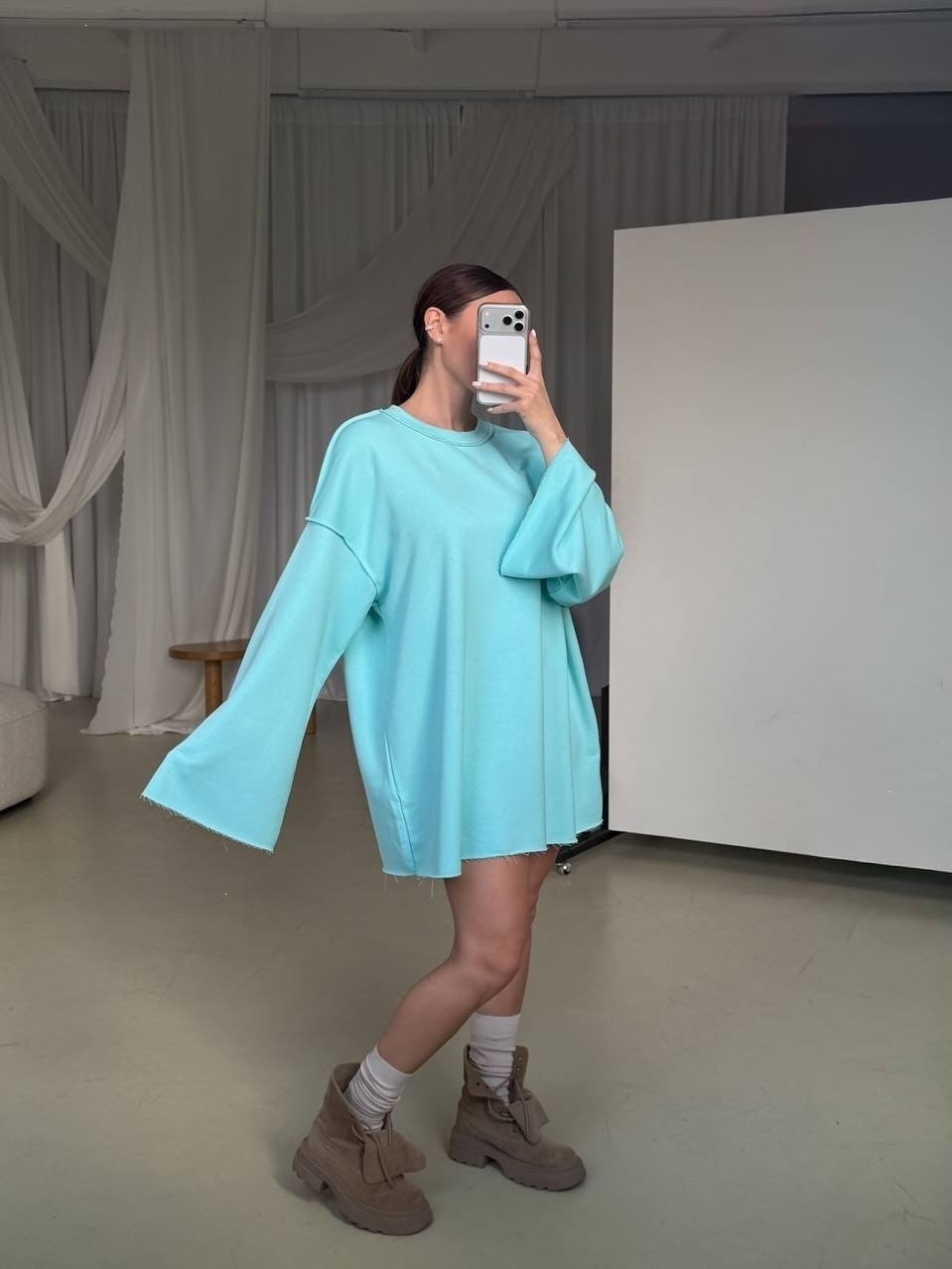 Women's Oversized Midi Sweatshirt Dress Long Sleeve Crew Neck Solid Color