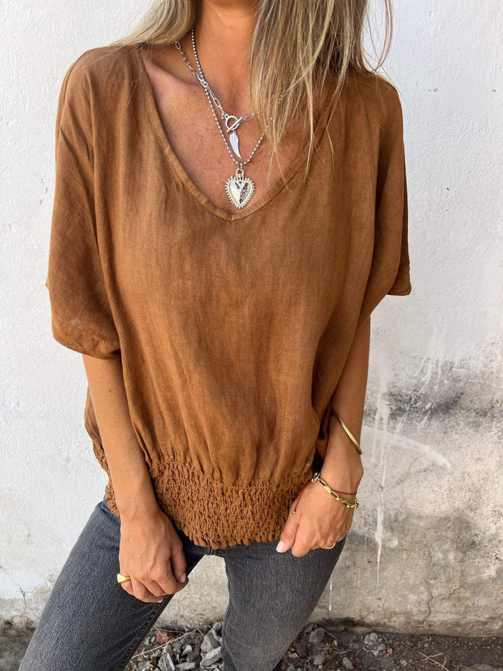 Women's V-Neck Loose Fit Cotton Linen Smocked Top Casual T-Shirt