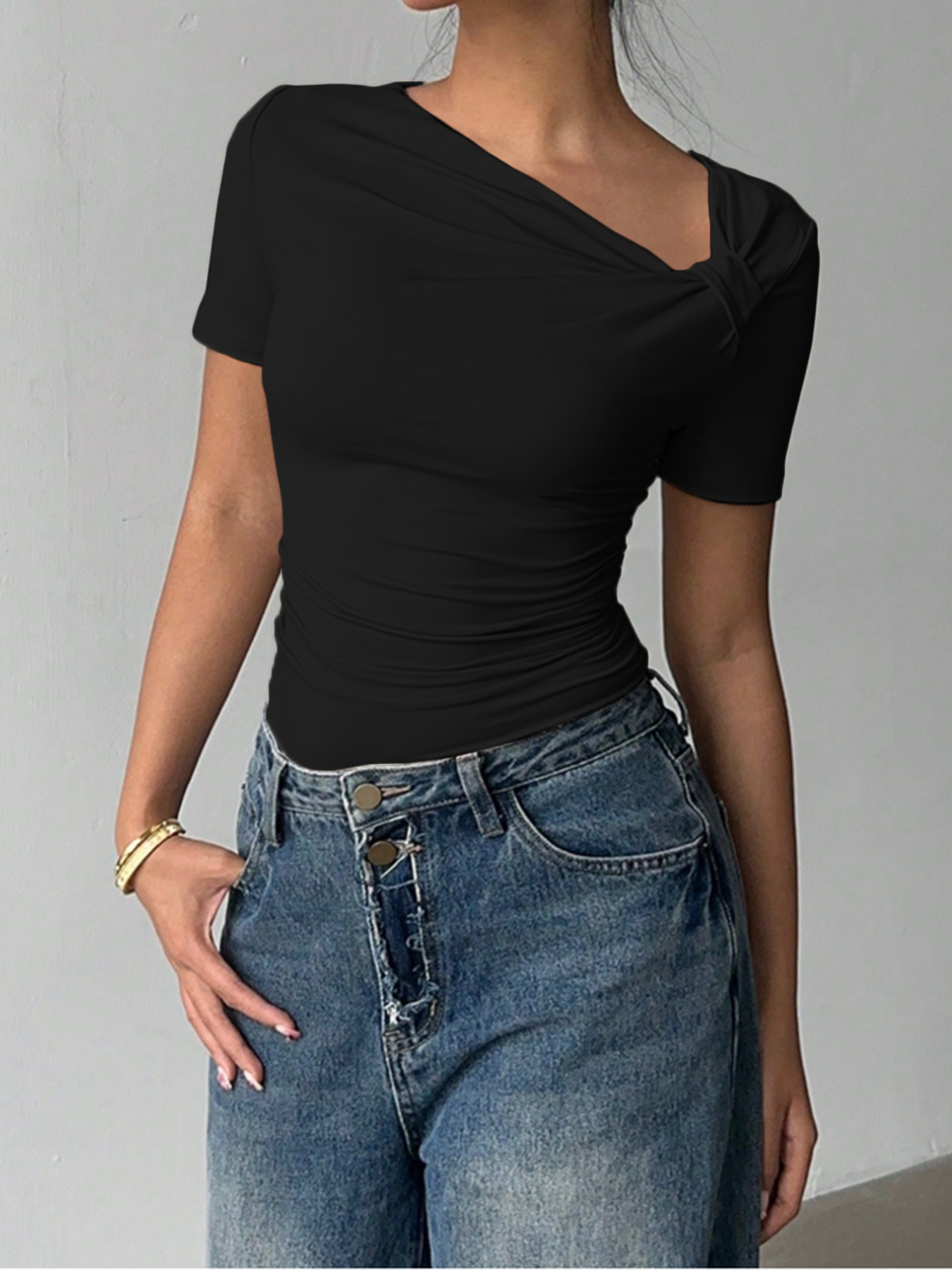 Women's Slim Fit Short Sleeve T-Shirt with Asymmetric Neck and Cutout Detail