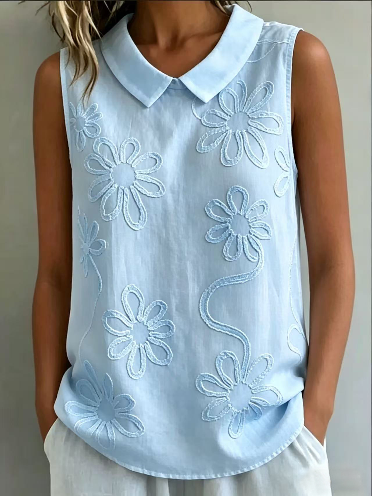 Floral Embroidered Sleeveless Tank Top Loose Fit
