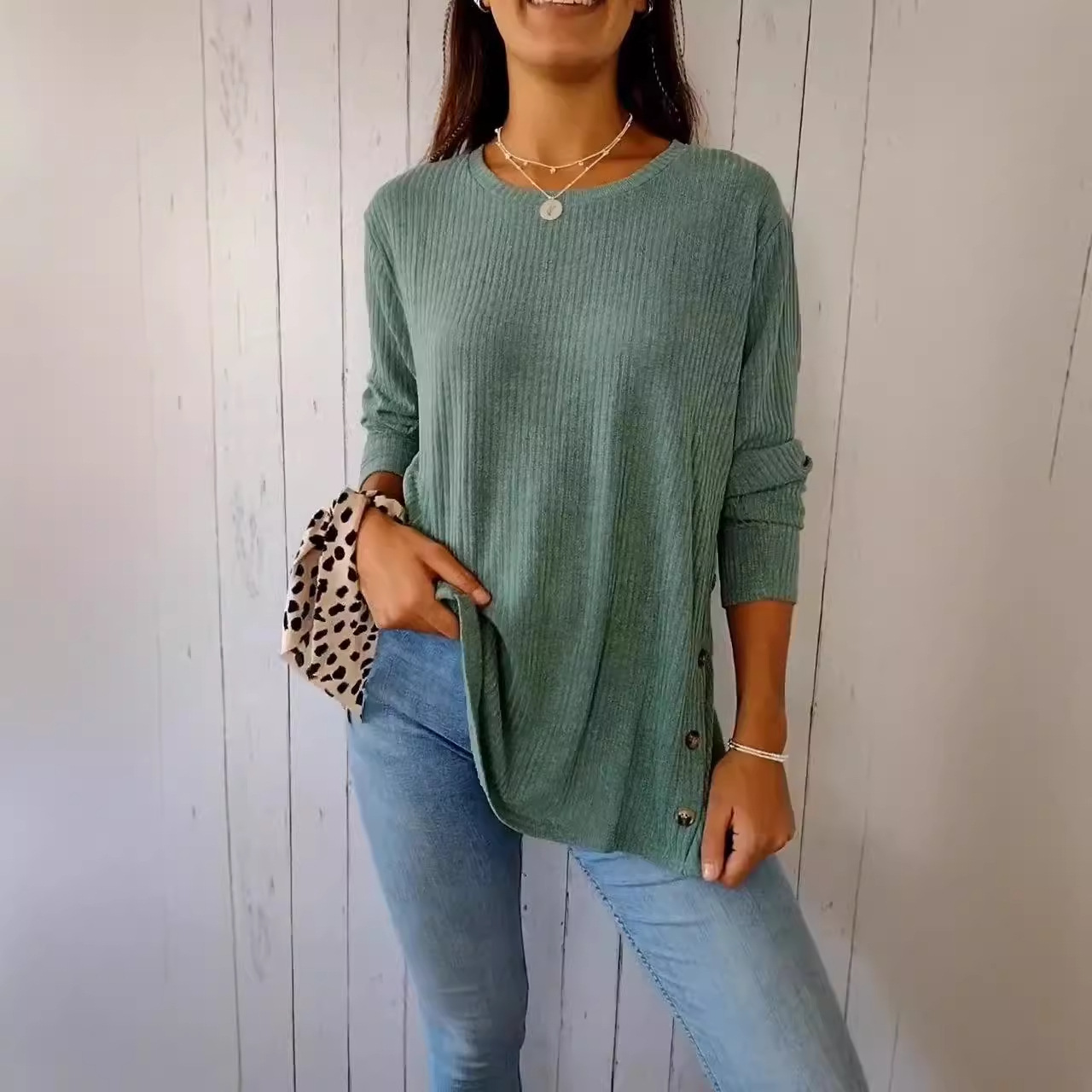Ribbed Knit Button-Detail Crewneck Long-Sleeve Top