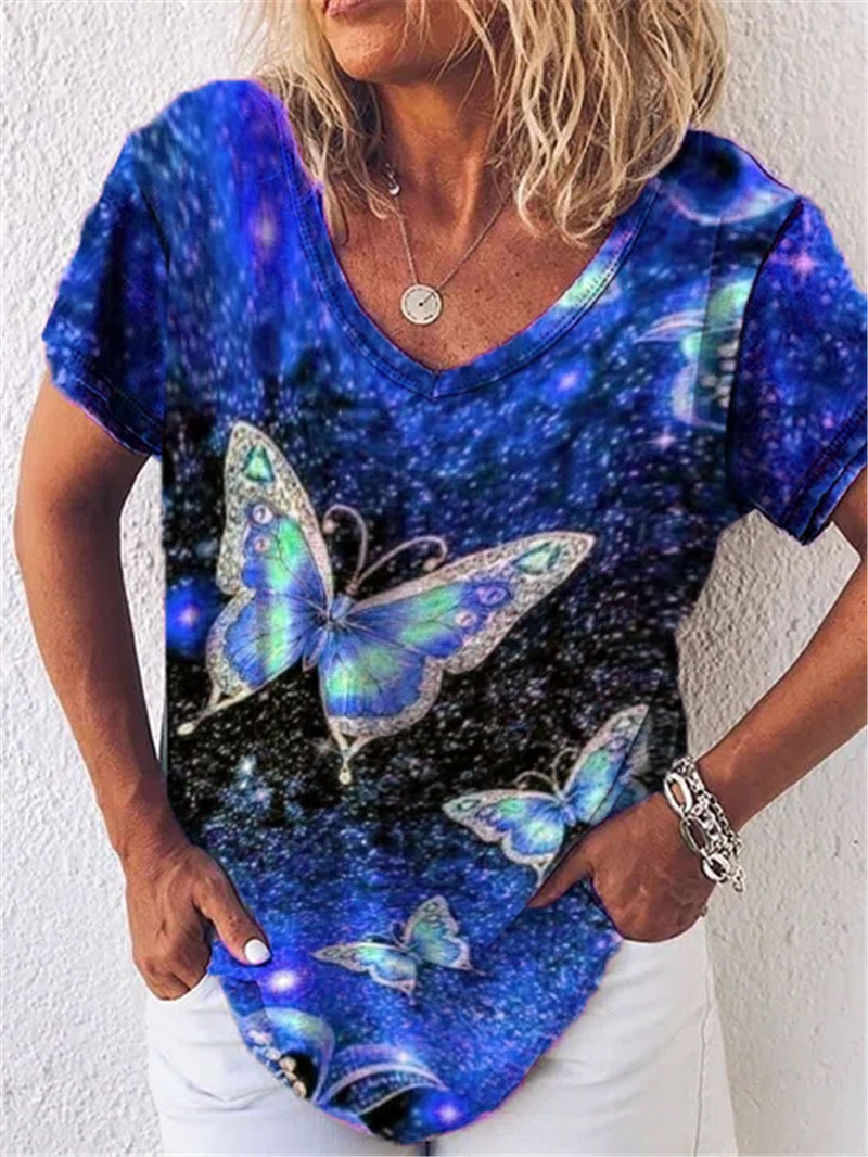 Women's V-Neck Butterfly Print Short Sleeve T-Shirt