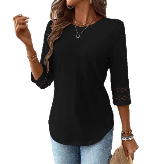 Women's Solid Crewneck Lace Trim Half-Sleeve Casual T-Shirt