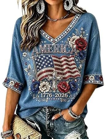 Women's American Flag Firework Print V-Neck Short Sleeve T-Shirt