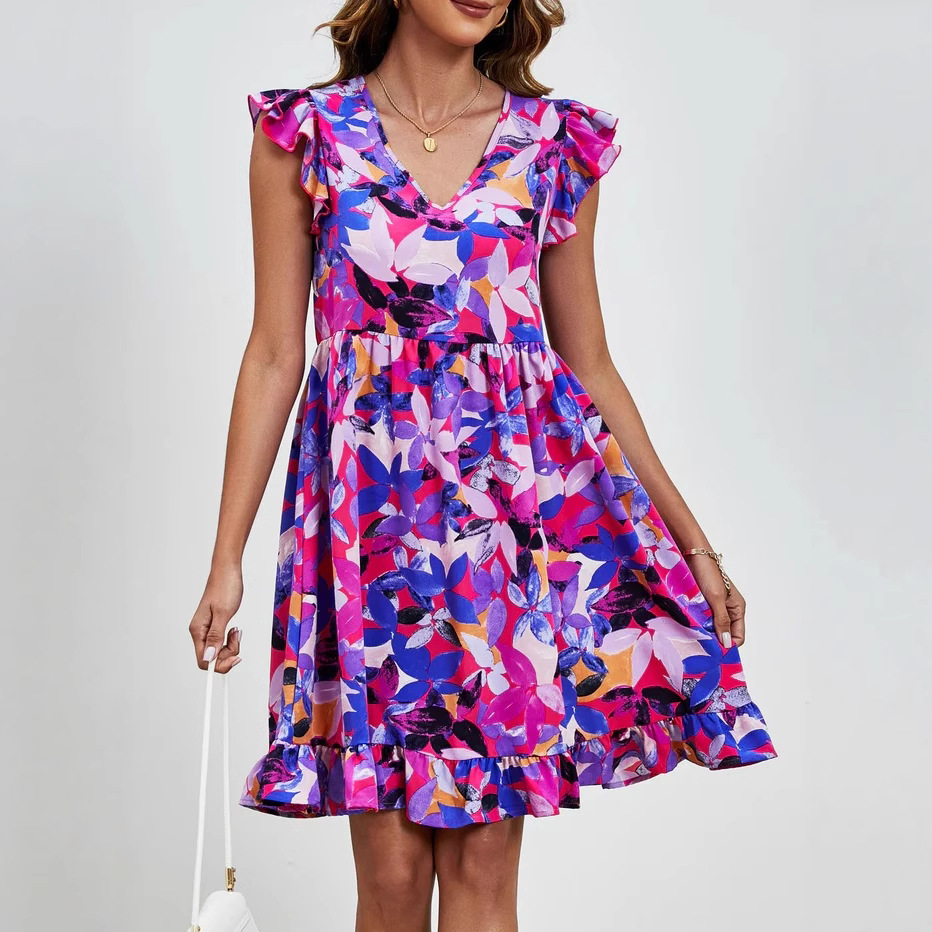 V-Neck Digital Print Ruffle Sleeve Porcelain Dress