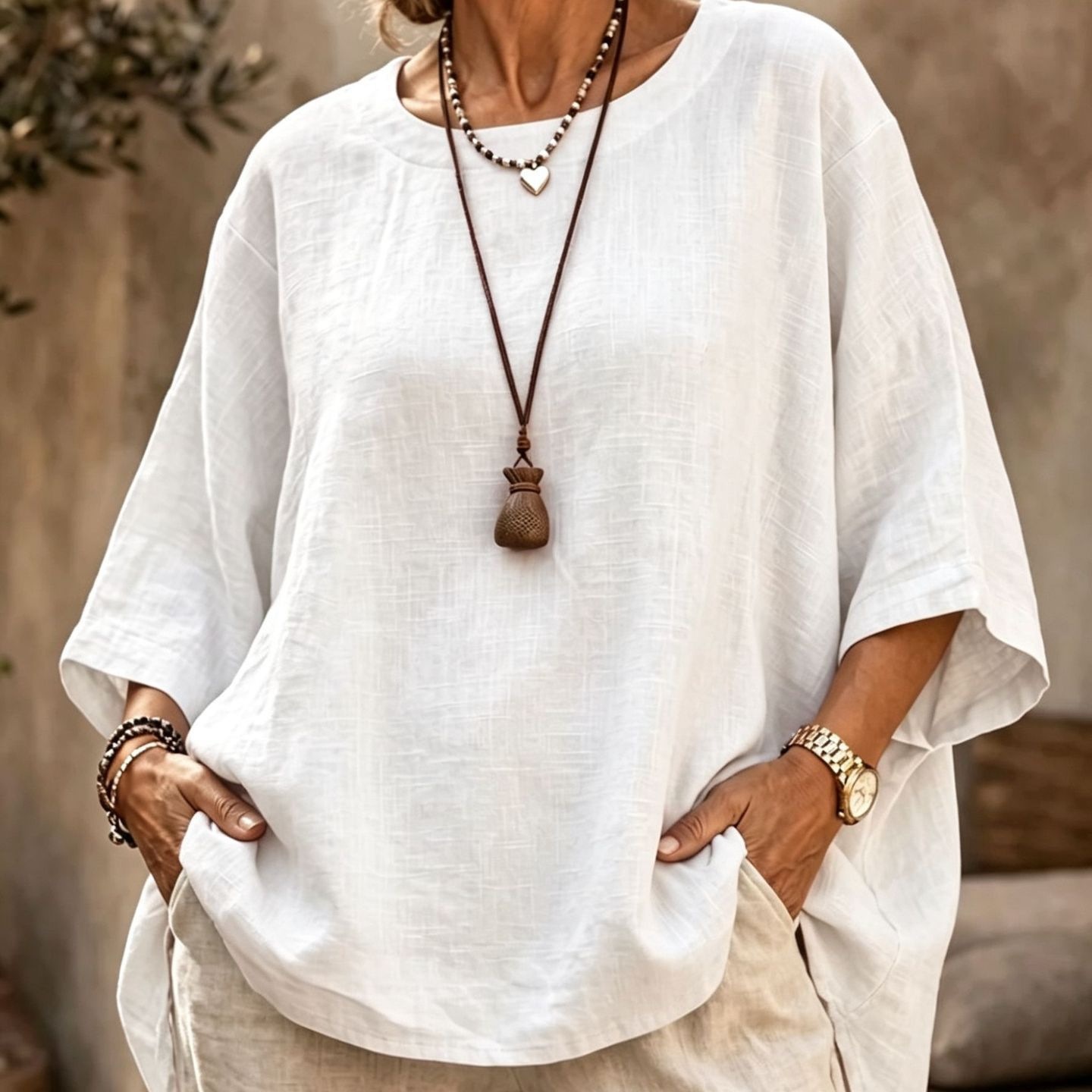 Women's Loose Round Neck Solid Cotton Linen 3/4 Sleeve Top