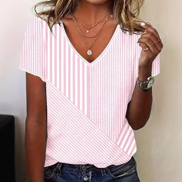 Women's Striped V-Neck Short Sleeve Top