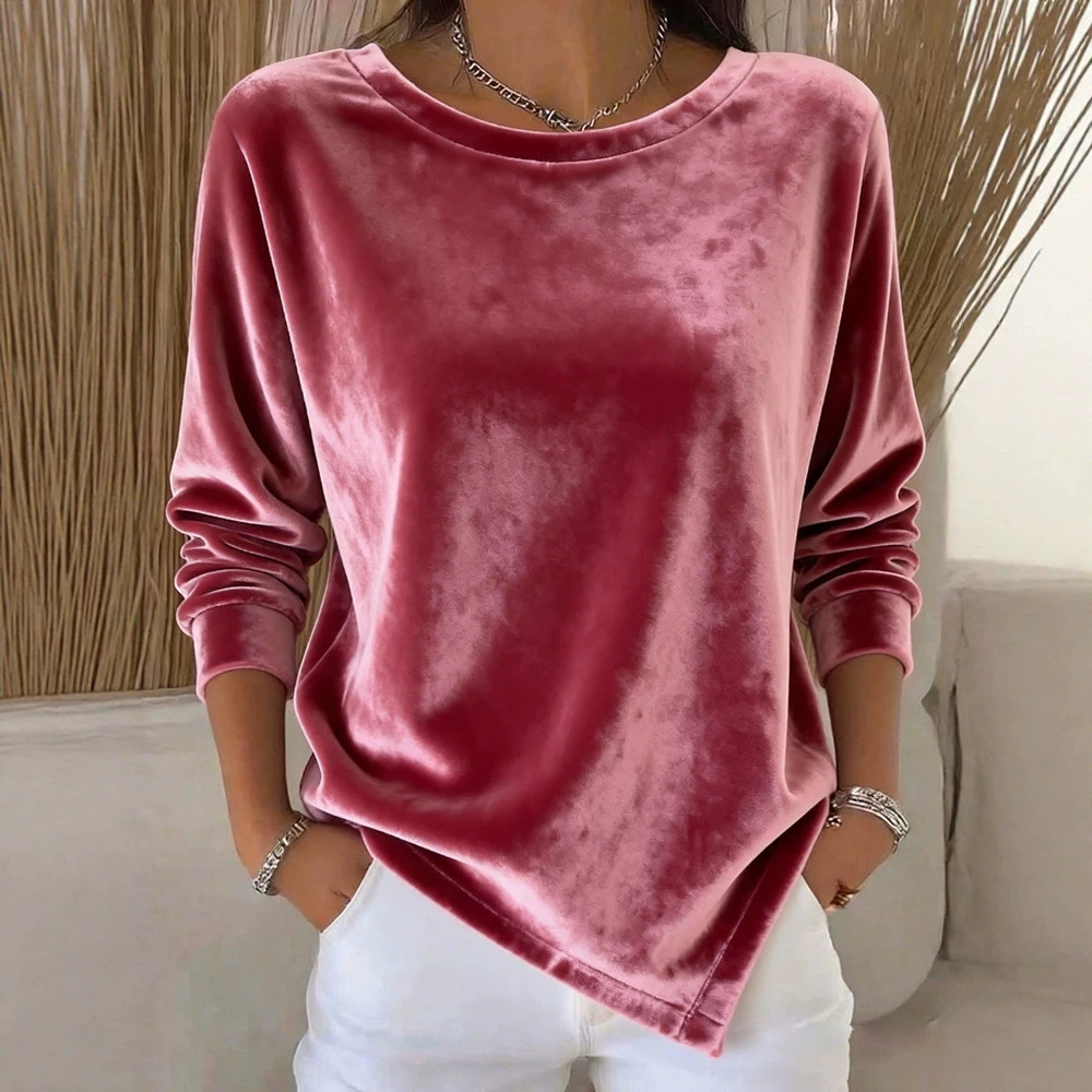 Women's Velvet Long Sleeve Crewneck Solid Color Casual Top
