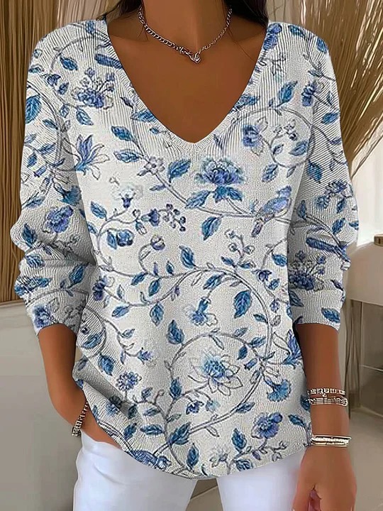 Dinosaur Floral Plaid V-Neck Long-Sleeve T-Shirt