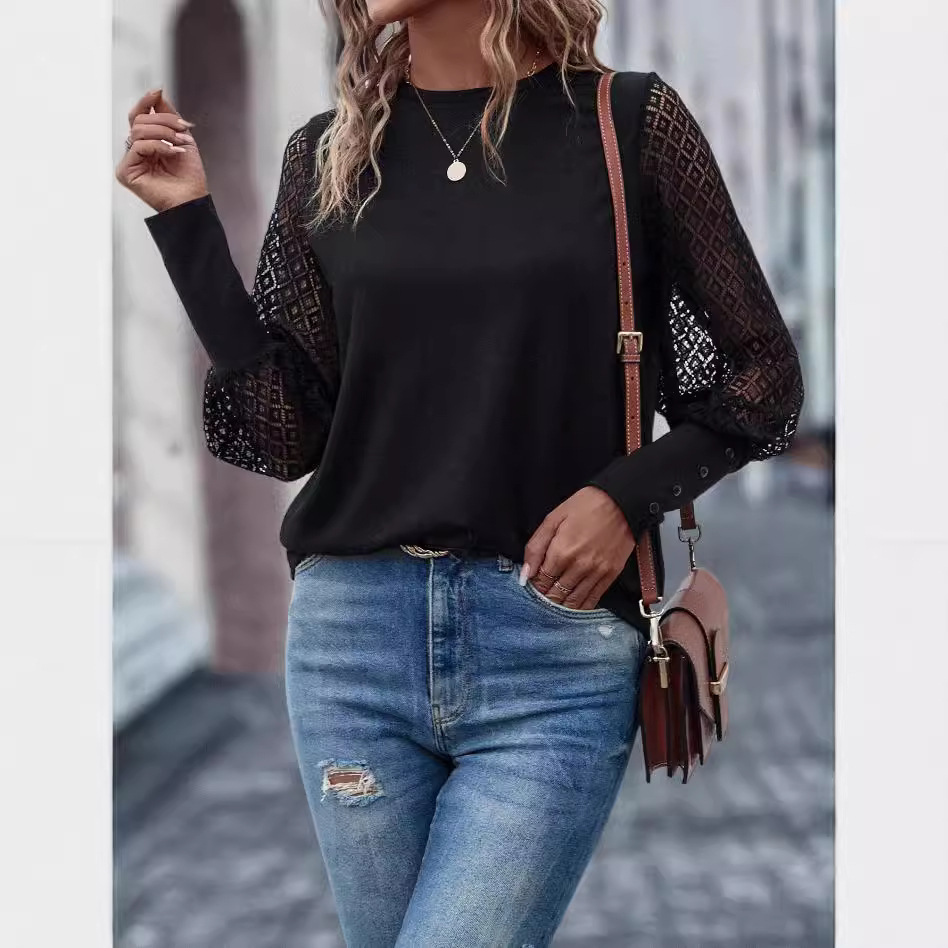 Women's Solid Color Lace Crewneck Long-Sleeve Pullover Top
