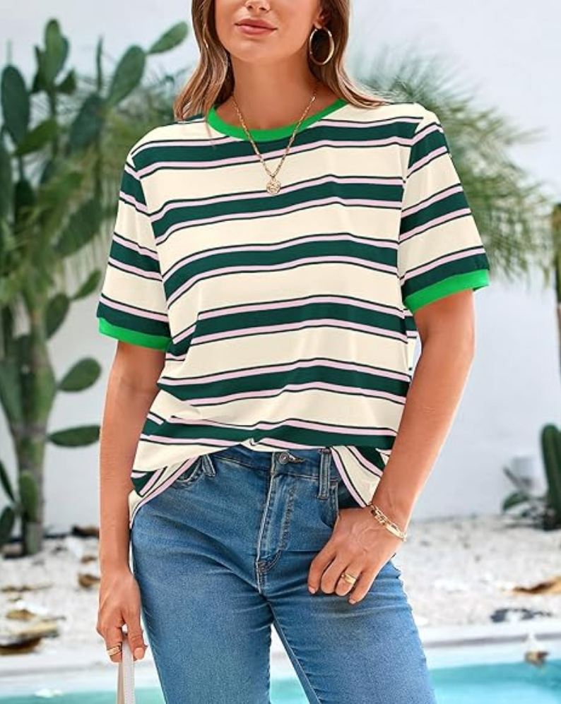 Color-Block Striped Crewneck Loose Casual T-Shirt