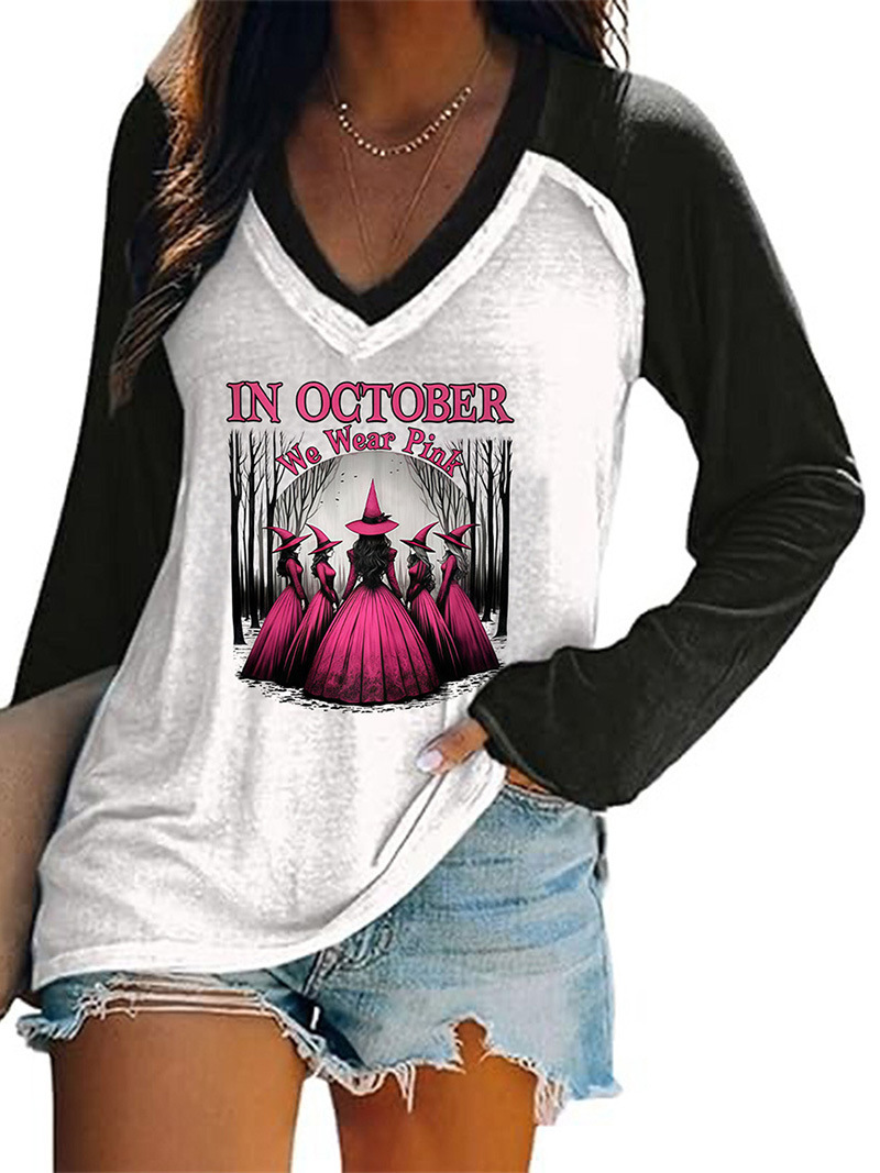 Women's Halloween Witch Hat Print V-Neck Long Sleeve T-Shirt