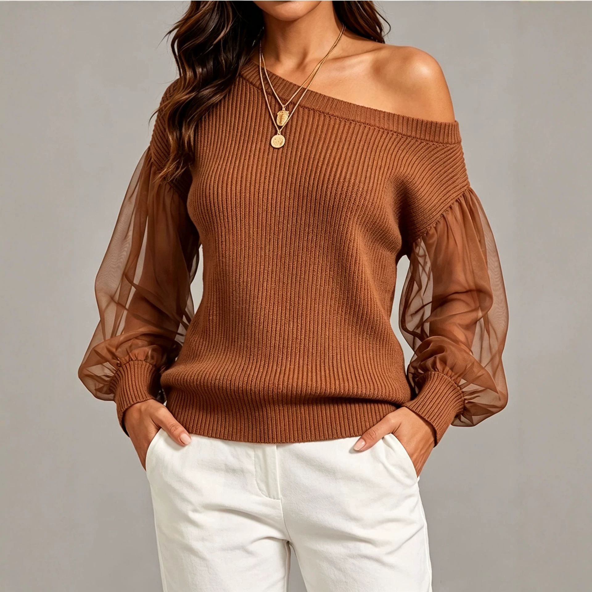 Women's Satin Knit Long-Sleeve Top Crew Neck Loose Fit