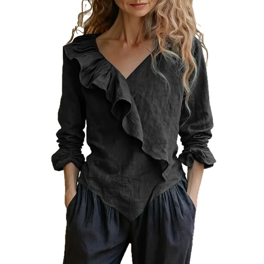 Women's Solid V-Neck Long Sleeve Ruffle Cotton-Linen Top