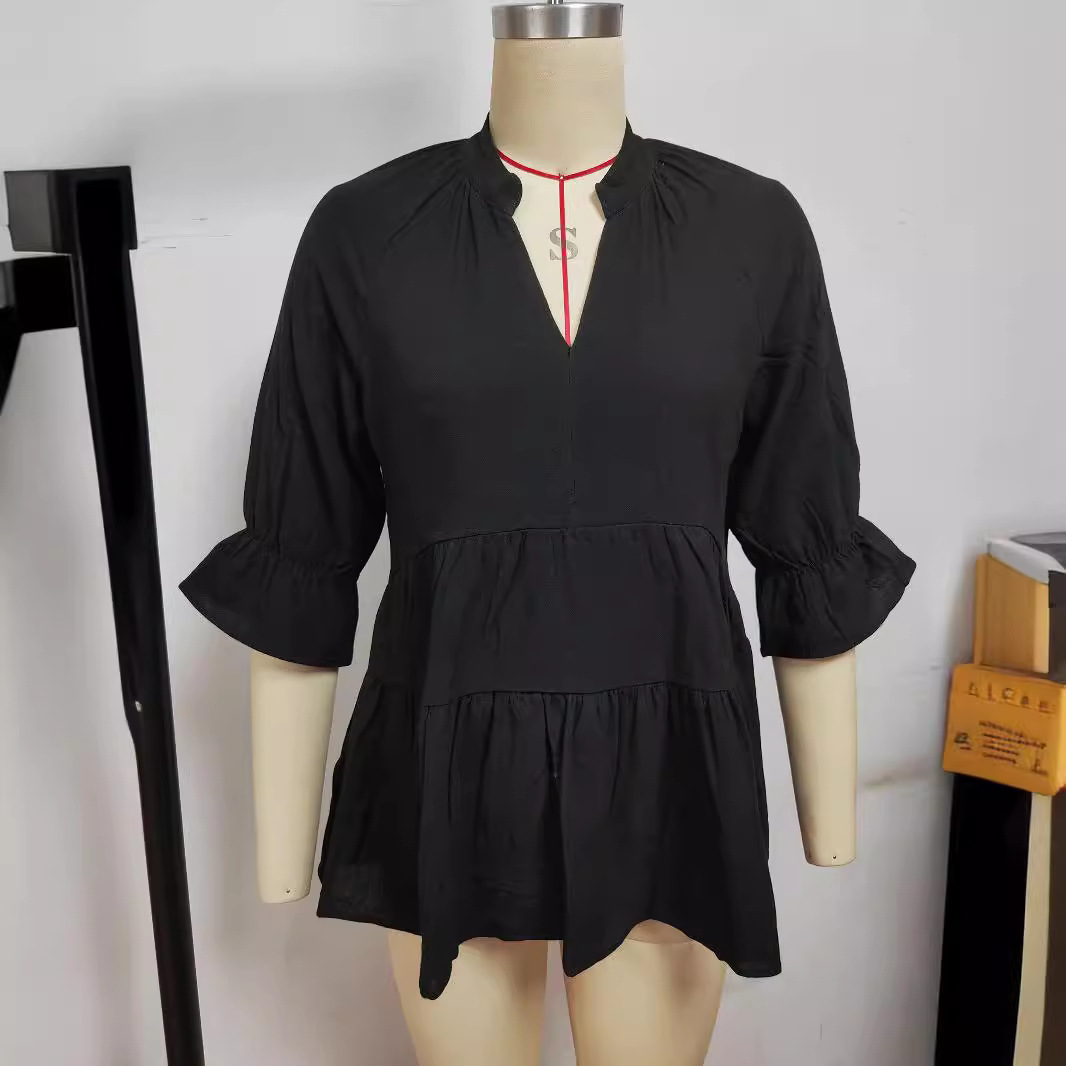 Women's Loose V-Neck Pleated Short Top