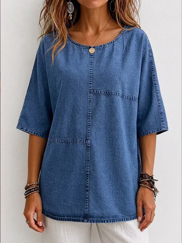 Women's Mid-Sleeve Patchwork Denim Top Casual T-Shirt