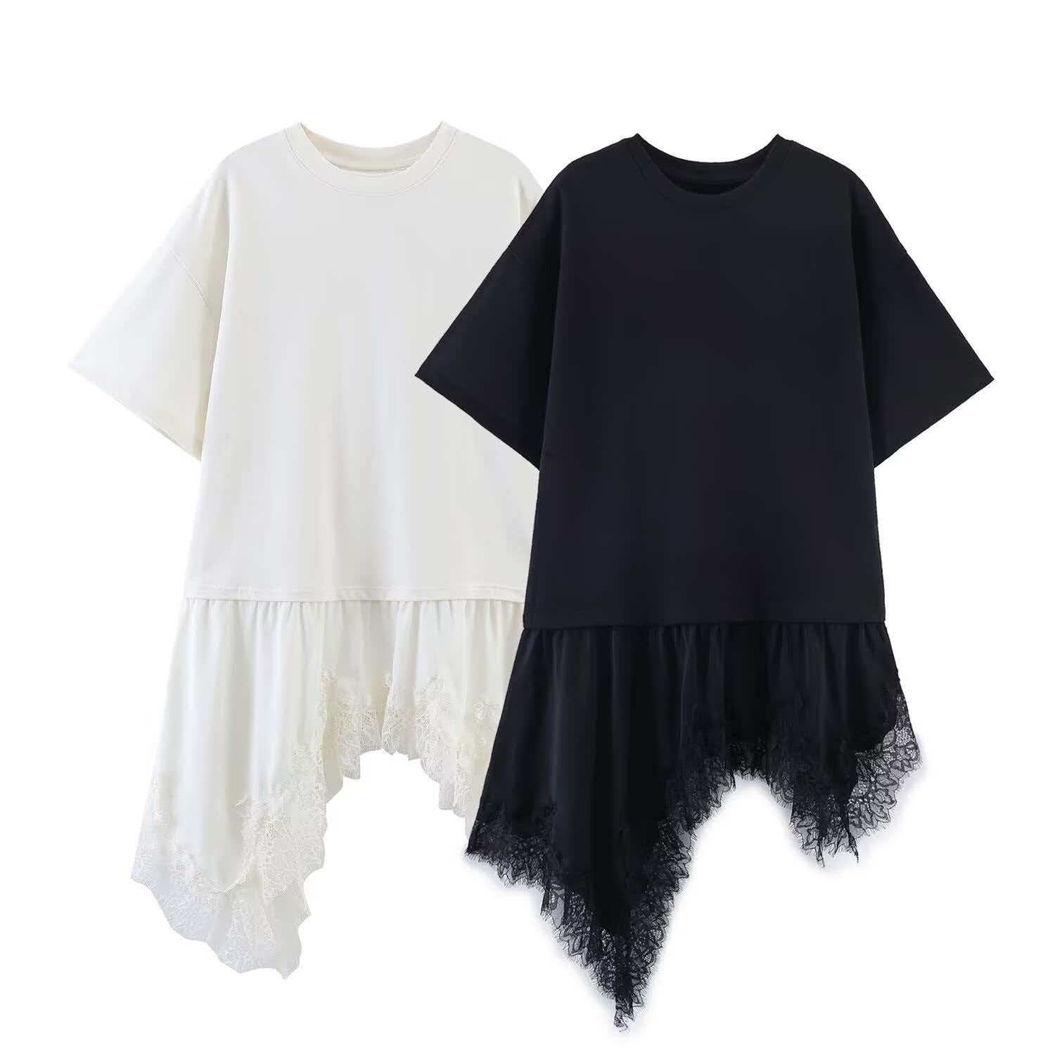 Women's Asymmetrical Lace Spliced Short-Sleeve T-Shirt