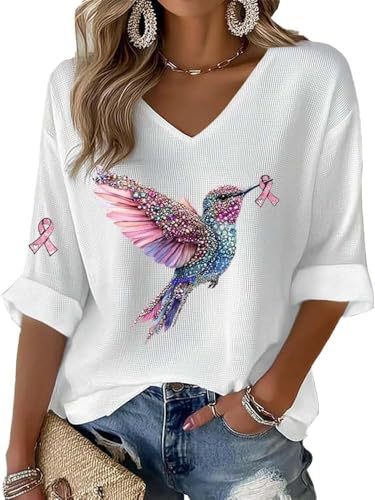 Women's Bird Sparrow Ribbon Print V-Neck Half-Sleeve T-Shirt