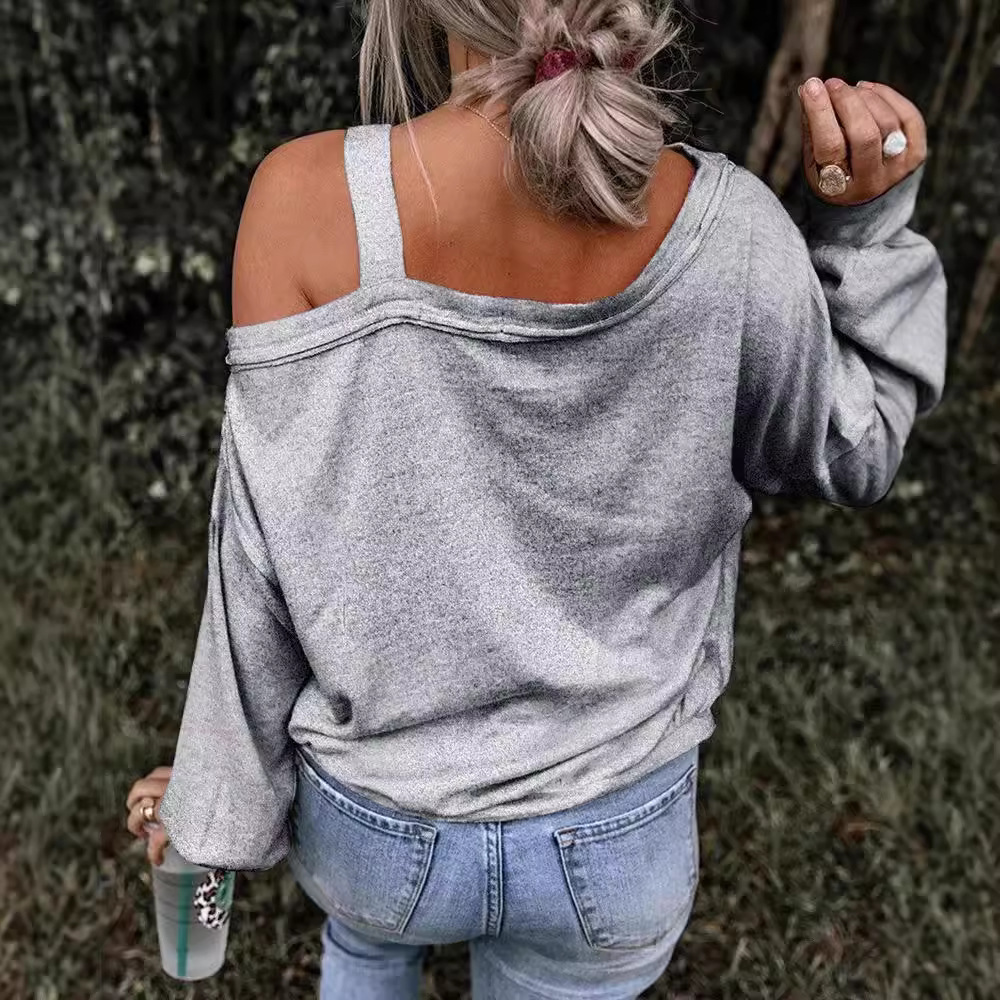 Women's One-Shoulder Heart Print Long-Sleeve Loose Top