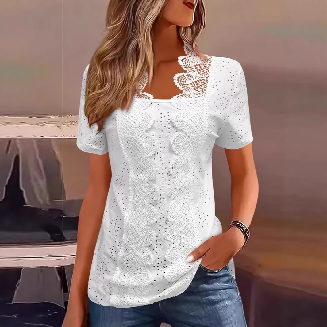 Women's Hollow-Out Lace Collar Short Sleeve Solid T-Shirt