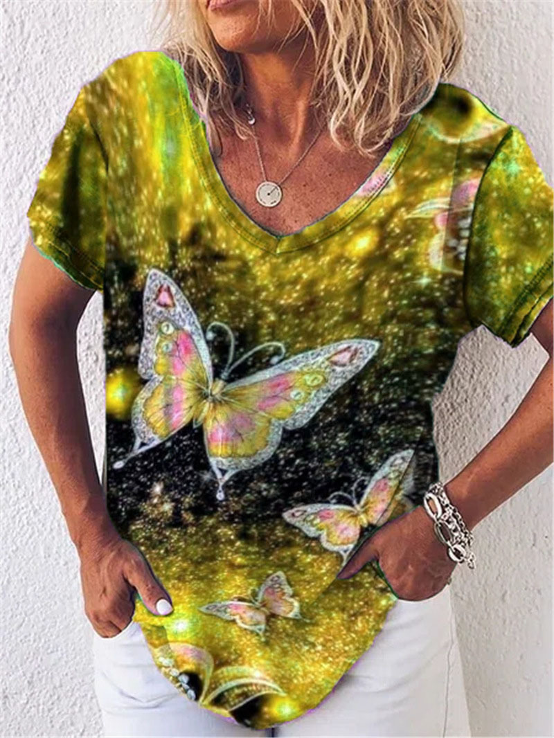 Women's V-Neck Butterfly Print Short Sleeve T-Shirt