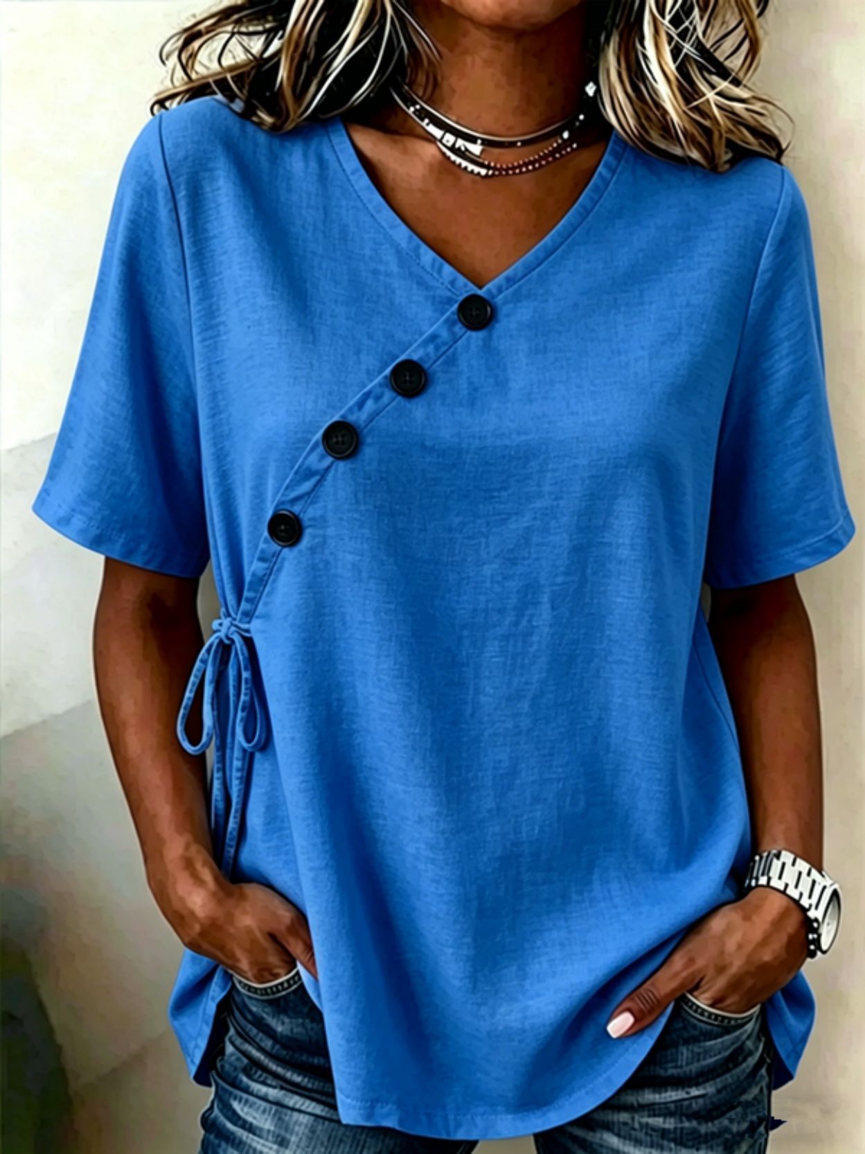 Women's Solid V-Neck Short Sleeve Cotton-Linen Tie Button Loose Casual T-Shirt