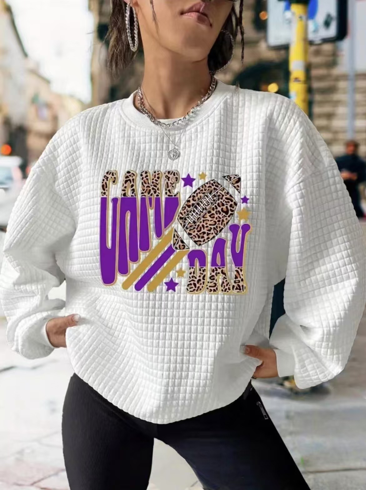 Women's Waffle Knit Long Sleeve Crewneck Sweatshirt Oversized White
